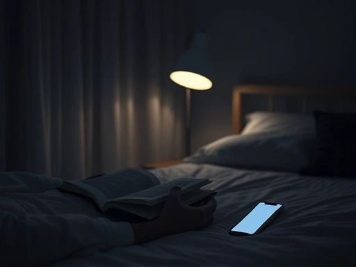 A serene bedroom scene at night, a person reading a physical book under a soft lamp, with a phone placed far away, emphasizing sleep improvement and calm before bed.
