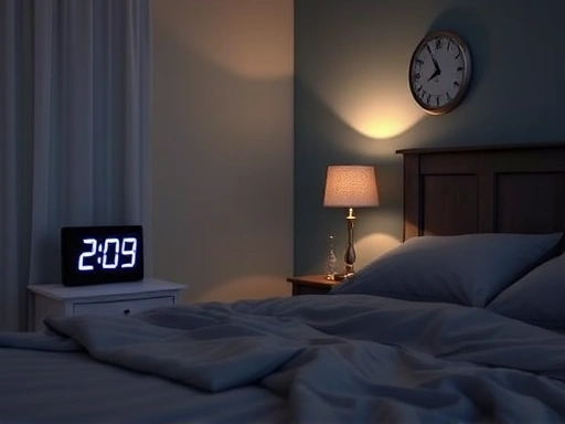 A peaceful bedroom scene with soft lighting and a digital clock showing night time, symbolizing healthy sleep after dinner, including key elements like a bed, bedside table, and quiet atmosphere.