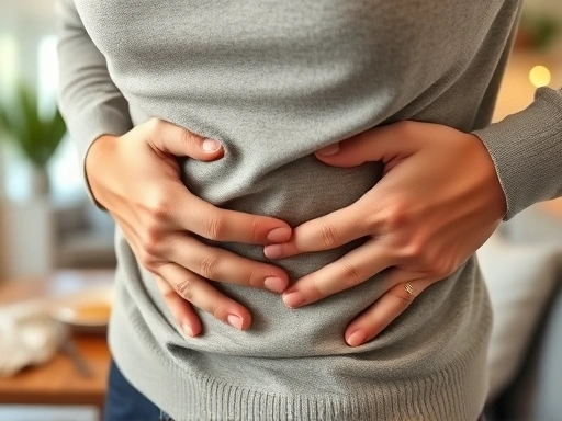 A close-up image of a person's hands gently rubbing their stomach, illustrating relief from digestive discomfort after a well-timed dinner, with a blurred background of a cozy home environment.