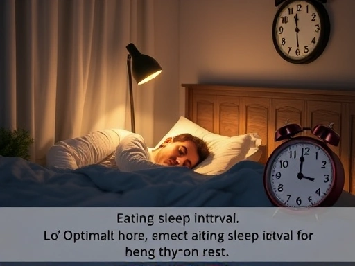 A peaceful bedroom scene with soft lighting, a person sleeping soundly, and a clock showing late evening hours, emphasizing the importance of optimal eating-sleep interval for healthy rest.