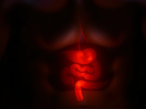 Close-up view of a person's stomach area with subtle light, depicting the digestive process at night, symbolizing the need for adequate time between eating and sleeping for optimal health.