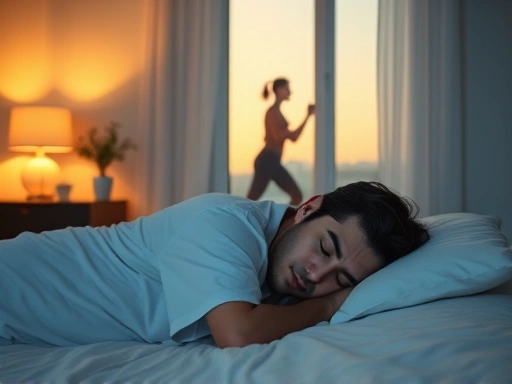A serene bedroom scene with a person sleeping peacefully, while a faint silhouette of someone exercising is visible in the background through a window, emphasizing the connection between exercise timing and restful sleep, with warm, soft lighting and a calm atmosphere.
