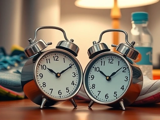 Close-up shot of an alarm clock showing an early morning time, set next to a pair of running shoes and a water bottle on a nightstand, suggesting the positive impact of morning exercise on sleep quality, with a blurred, energetic background.