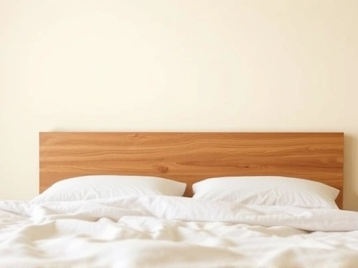 Close-up of a cozy bed with a solid wooden headboard against a soothing pastel-colored wall, indicating a stable and harmonious sleeping environment aligned with feng shui principles for deep sleep.