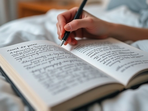Close-up of a hand holding a pen, writing in an open gratitude journal with a focus on detailed handwritten notes and a soft, blurred background of a bedside table.