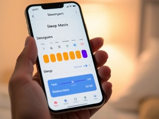 A close-up shot of a hand holding a smartphone displaying a sleep tracking app interface, showing sleep stages and a sleep score, with a soft bedside lamp in the background.