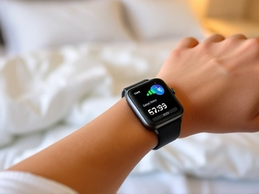 A close-up shot of a hand wearing a sleek smartwatch, displaying clear sleep tracking data on its screen, with a blurred background of a bed, emphasizing technology's role in monitoring sleep improvement. Focus on the screen's detailed metrics.