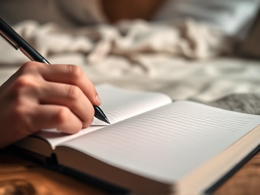 Close-up shot of a hand holding a pen, writing thoughts on a clean notebook page, with a blurred background of a cozy bedroom, highlighting writing techniques for sleep and mental clarity.