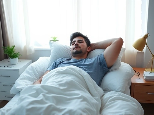 A person waking up feeling groggy and tired despite sleeping for a long time, in a bright, modern bedroom, highlighting the paradoxical fatigue from oversleeping, negative sleep effects.