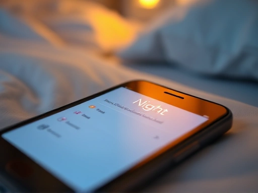 A close-up shot of a smartphone screen showing a 'Night Shift' or 'Eye Comfort Shield' setting being activated, with warm-toned light, on a bedside table, symbolizing a conscious effort for better sleep hygiene.