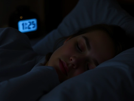 A close-up of a person peacefully sleeping in a cozy, dark bedroom, with soft lighting and a digital clock subtly showing nighttime, emphasizing deep relaxation.