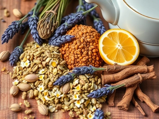 Close-up of a rustic wooden table with a variety of dried sleep-aiding herbs like chamomile flowers, lavender buds, valerian root, and a fresh lemon, with a vintage teapot and a teacup, suggesting natural remedies.