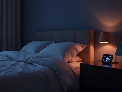 A serene, dimly lit bedroom with a comfortable bed, a small digital thermometer/hygrometer on a nightstand, conveying a peaceful and optimal sleep environment. Focus on calm colors and soft lighting, incorporating keywords like 