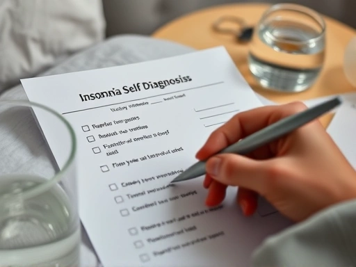 A close-up shot of a hand holding a pen, marking answers on a simplified insomnia self-diagnosis checklist paper, with a partially blurred background of a bedside table and a glass of water, highlighting the assessment process.