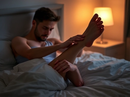 A person gently stretching their leg in bed at night, with a soft, warm light in the background, focused on immediate relief from numbness and discomfort.