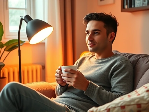 A person sitting comfortably near a bright light therapy lamp in the morning, holding a cup of coffee, looking refreshed and alert. Focus on warm light and cozy atmosphere, sleep improvement.