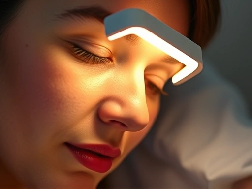 Close-up shot of a modern, sleek light therapy device illuminating a person's face gently, highlighting the technology and its soft glow. Detail the light spectrum and design, sleep aid.