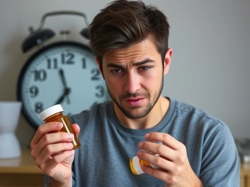 A person looking tired and frustrated while holding a medicine bottle, with a blurred clock showing late night hours in the background, symbolizing sleep disorder from medication side effects.