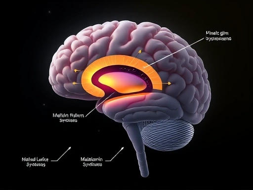 A detailed illustration of the human brain's pineal gland showing melatonin synthesis pathways under the influence of light and dark, with a clear focus on the circadian rhythm. Include scientific accuracy and a calming, informative visual style.