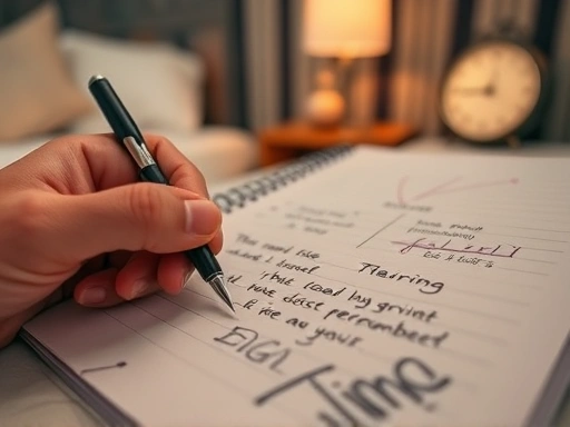 Close-up of a notebook with scribbled thoughts and a hand holding a pen, symbolizing the 
