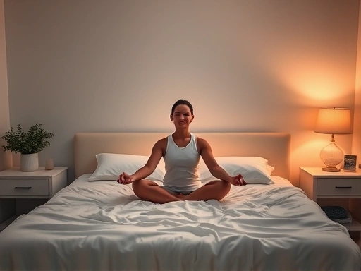 A calm and serene bedroom scene with soft lighting, a peaceful person meditating or doing light stretching on the bed, representing a positive mindset for better sleep, incorporating elements of tranquility and deep rest. Focus on the feeling of serenity and mental peace.