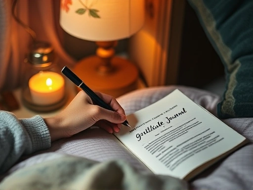 A close-up shot of a hand writing in a gratitude journal next to a bedside lamp, emphasizing the act of reflection and positive thinking before sleep. Include subtle elements of relaxation, such as a cozy blanket or a warm drink, with keywords like gratitude, reflection, and journaling.