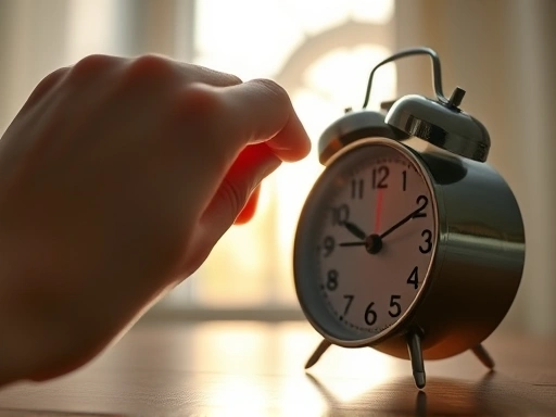 A close-up of a person's hand turning off an alarm clock early in the morning, with gentle sunlight streaming through the window, representing consistent wake-up times and new beginnings in sleep recovery.