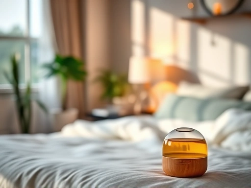 A peaceful bedroom scene with a soft glow from an aroma diffuser, showing natural light, plants, and a comfortable bed, emphasizing tranquility and natural sleep. Focus on the aroma oil bottle and a serene atmosphere.