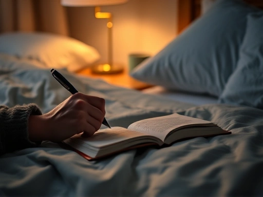 A person quietly writing in a journal with a pen on a bedside table, soft warm light, focusing on managing negative thoughts before sleep, peaceful bedroom atmosphere.