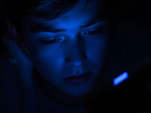 A close-up of a person's face illuminated by the blue light from a smartphone screen in a dark room, illustrating the negative impact of evening artificial light on sleep hormones.
