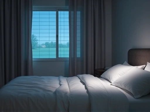 A peaceful bedroom at night, slightly cool with a gentle breeze, featuring a bed with light, breathable linen sheets, symbolizing comfort and relief from night sweats. The scene is calm and inviting, illustrating the desired outcome of comfortable sleep.