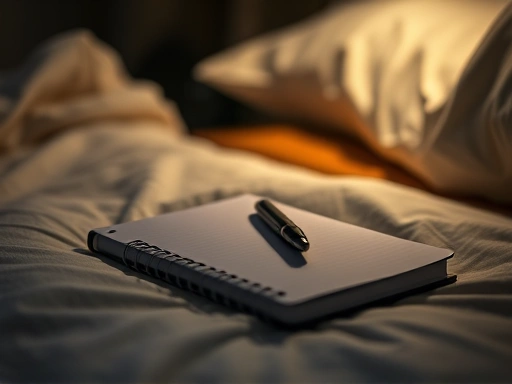 A close-up shot of a minimalist notebook and pen resting on a bedside table under a gentle, ambient light, symbolizing the act of worry journaling. Keywords: worry journal, sleep, anxiety, note-taking, bedside.