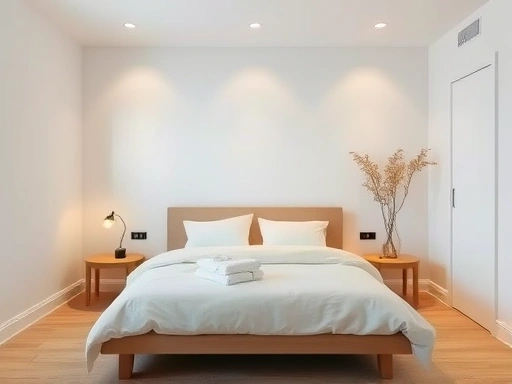 A peaceful bedroom with an optimally positioned bed, headboard against a solid wall, away from windows and doors, soft ambient lighting, and minimalist decor, emphasizing comfort and tranquility, in a modern, clean style with warm tones.
