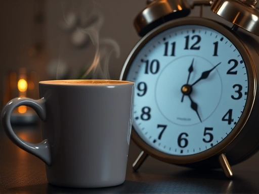 Close-up of a coffee cup next to a clock showing early afternoon, symbolizing controlled caffeine intake for better sleep, with focus on the coffee steam and gentle lighting.