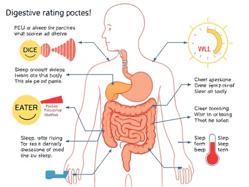 A detailed diagram illustrating the digestive process after eating, showing its impact on sleep hormones and body temperature, with scientific elements and calm colors.