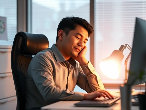 A peaceful office worker taking a power nap at their desk, surrounded by a soft glow, demonstrating effective nap methods for productivity and alertness. The scene conveys calmness and rejuvenation, incorporating elements of sleep optimization and work-life balance.