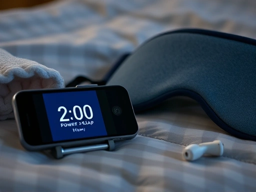 A close-up shot of a smartphone alarm clock set for a 20-minute power nap, next to an eye mask and earplugs on a bedside table. The focus is on the tools for an optimal and effective nap, emphasizing sleep optimization and precision.