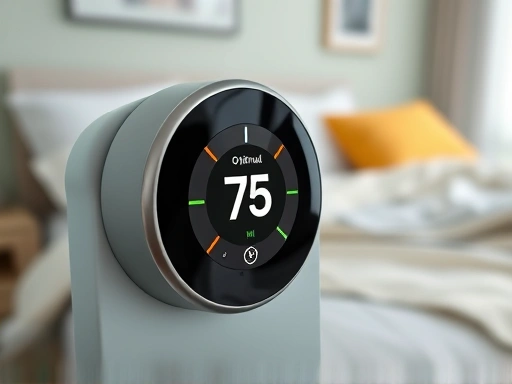 A close-up shot of a modern smart thermostat displaying optimal bedroom temperature and humidity levels, with a blurred background of various bedding options suitable for different seasons, highlighting SEO keywords 