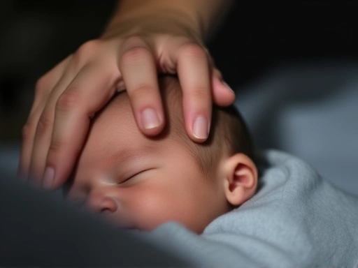 Close-up of a parent's gentle hand caressing a sleeping newborn's head in a quiet, darkened room, emphasizing comfort and the bond, for newborn sleep tips.