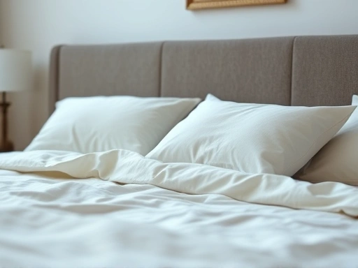 A close-up shot of a cozy bed with soft linens and pillows, placed in a well-organized bedroom, showing a peaceful atmosphere with diffused light and no visible electronics, highlighting the comfort and quietness for deep sleep.