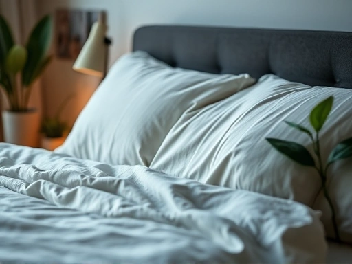 A close-up of a neatly made bed with soft, neutral-colored linens, a dimly lit lamp, and a calming plant, emphasizing an optimized sleep environment for tranquility.