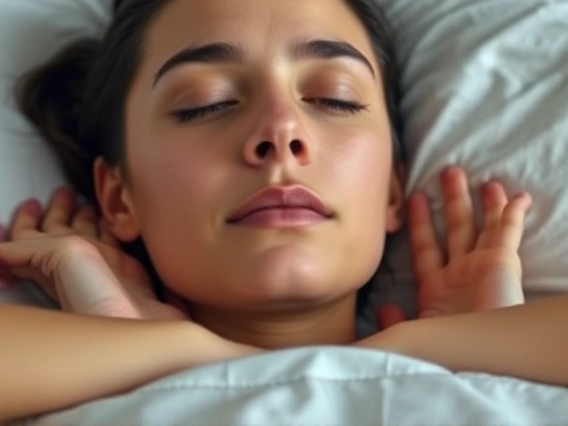 Close-up of a person's tranquil face and hands resting, demonstrating a peaceful state during bed meditation for deep relaxation and sleep.