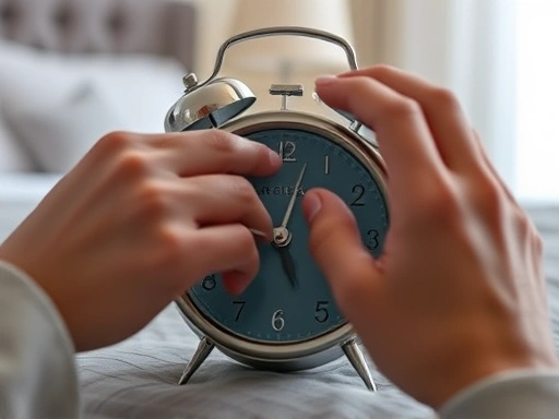 Close-up of a hand setting a digital alarm clock to a consistent wake-up time, with blurred background of a calm bedroom, emphasizing sleep pattern adjustment.