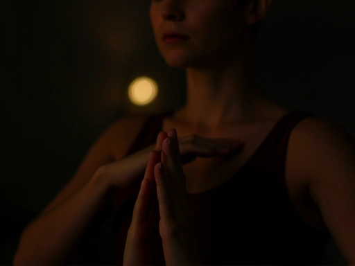 A close-up shot of a person gently breathing and meditating in a calm, dark environment, focusing on the relaxation and peace, with keywords 