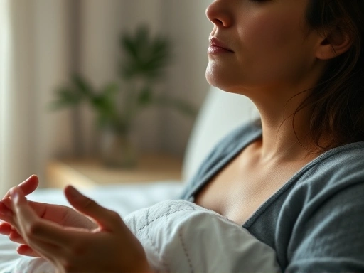 Close-up of a person practicing deep breathing or meditation in bed, with blurred peaceful background, focusing on stress relief and sleep preparation.