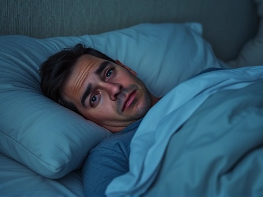 A person lying awake in bed at night, looking exhausted and unable to sleep, with a dark, weary expression, representing chronic fatigue.