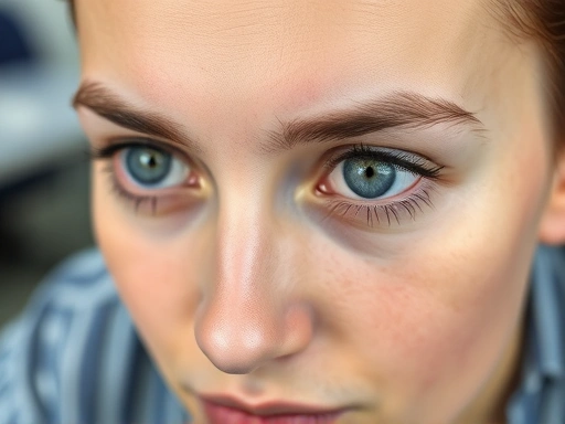 Close-up of a person's bright, clear eyes and smooth skin while working at a desk, showing no dark circles or signs of fatigue, representing physical signs of good sleep.