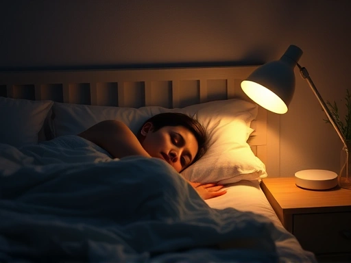 A person sleeping peacefully in a dimly lit bedroom, with soft, warm light coming from a bedside lamp, emphasizing relaxation and good sleep. Keywords: sleep lighting, warm light, bedroom, peaceful.
