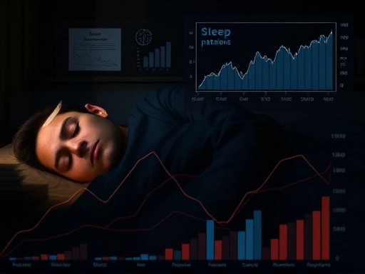 A peaceful person sleeping in a cozy, dark bedroom, with abstract data visualizations and charts subtly overlaying the scene, representing sleep pattern analysis and improvement.