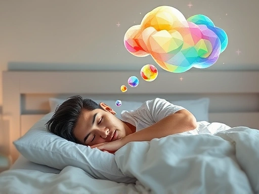 A person sleeping peacefully in a comfortable bed, with soft, gentle light, and abstract, colorful dream bubbles floating above their head, illustrating the relationship between dreams and sleep quality. The scene should convey tranquility and deep relaxation.
